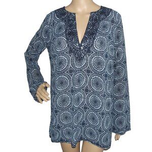 Michael Kors Tunic Blouse Womens Size Medium blue sequin geometric print v-neck